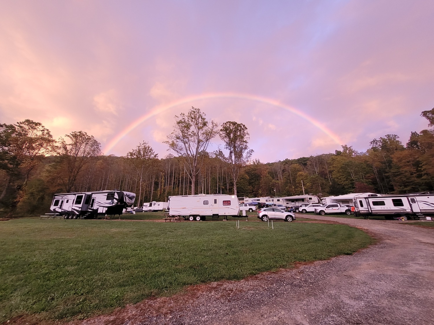 Beautiful rainbow arching over Pisgah View RV Park