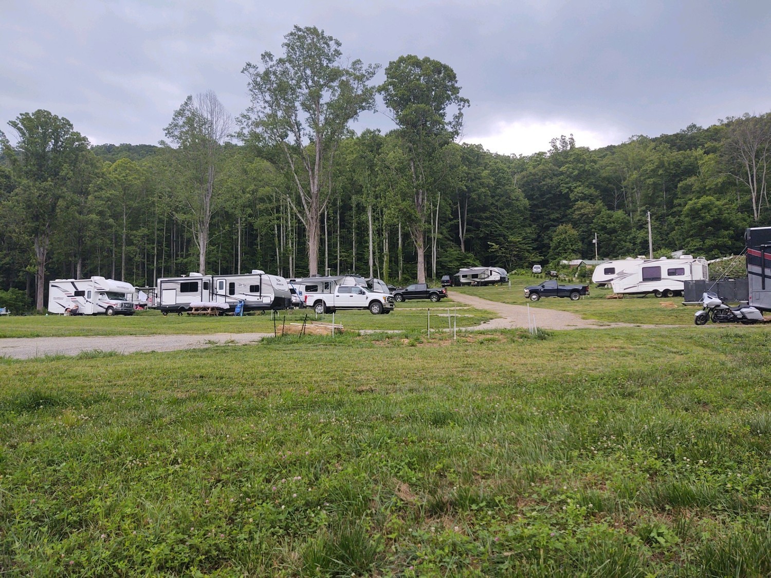 RV park scene with parked recreational vehicles